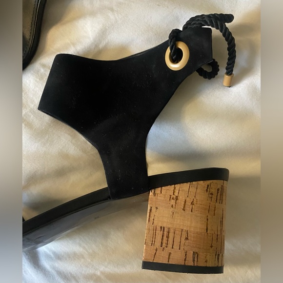 Shoes Of Prey Black Leather Suede Low Block Cork Heel Ankle Ties SZ US 12 Custom - Picture 8 of 15